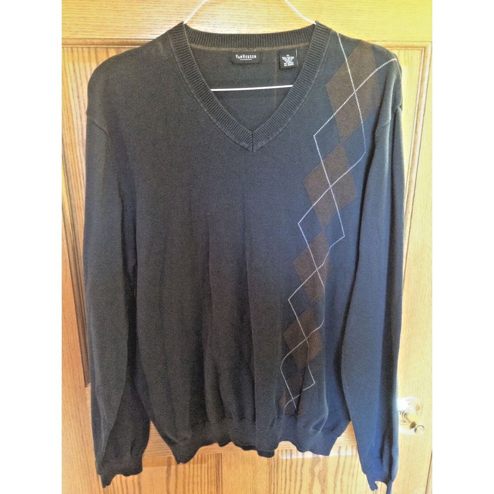 Van Heusen Argyle V Neck Dark Blue Green Sweater Men Size XL Preppy